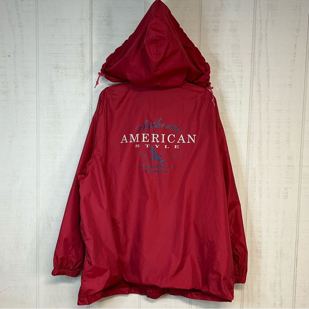 Eddie Bauer Windbreaker Rain Jacket Mens L Snaps Hooded Nylon Pockets Red 90s‎